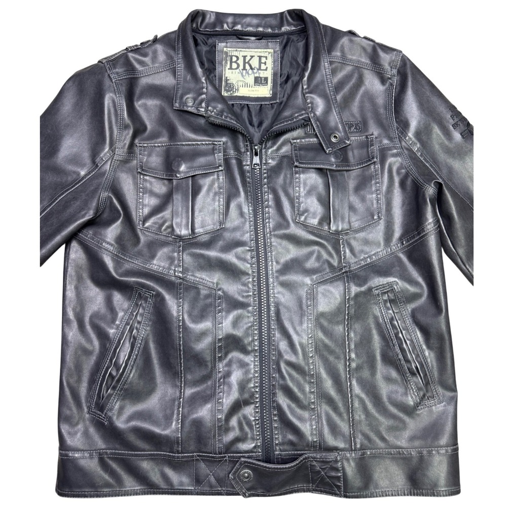 BKE Men's Faux Leather Jacket Dark Gray Size Large Slim Fit Motorcycle Biker - Picture 2 of 12